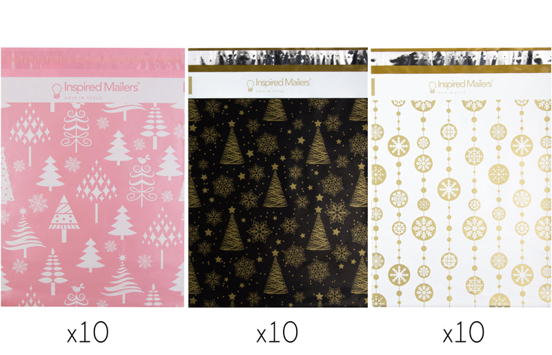 10x13 Holiday Variety Pack - Christmas Trees & Snowflakes, Rose Gold Christmas Trees, Gold Snowflake Baubles