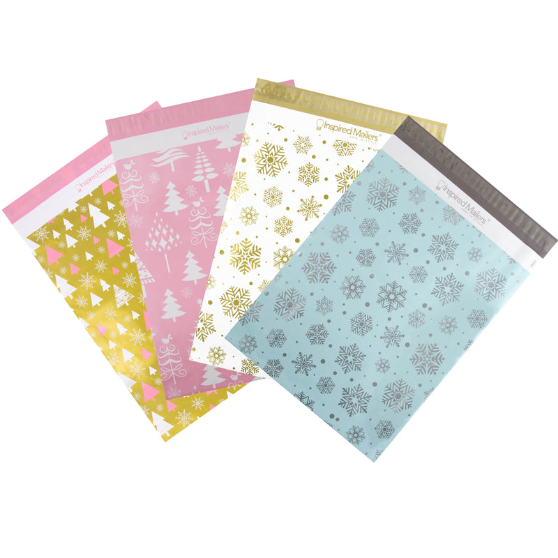 Inspired Mailers Flat Poly Mailers 14.5x19 Variety Pack - Winter Forest Rose Gold, Snowflakes White and Gold, Snowflakes Silver and Blue, Rose Gold Christmas Trees