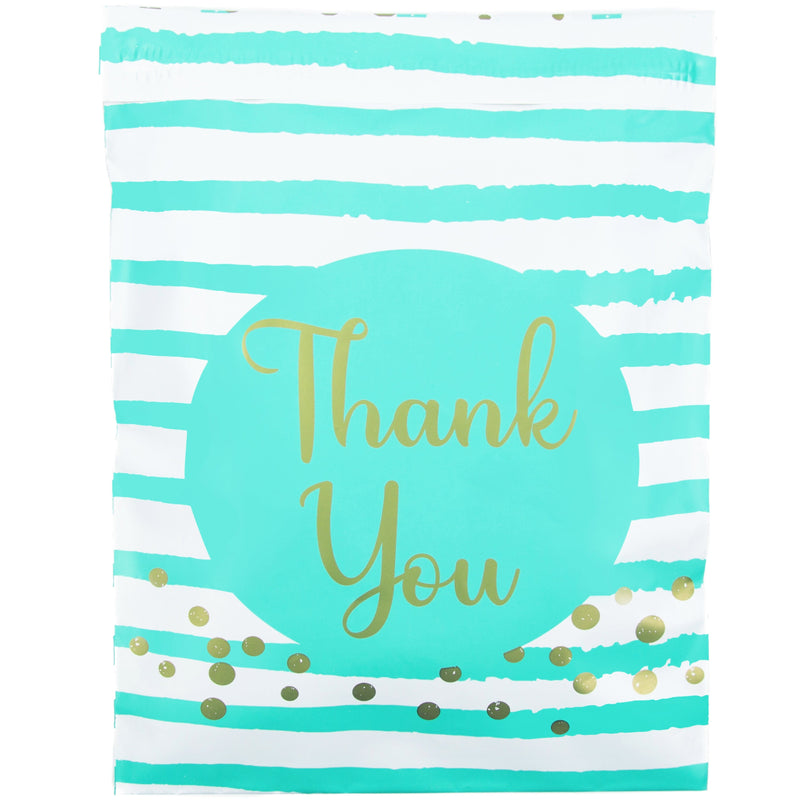 Inspired Mailers Flat Poly Mailers Aqua Blue Thank You Confetti Stripes - 10x13