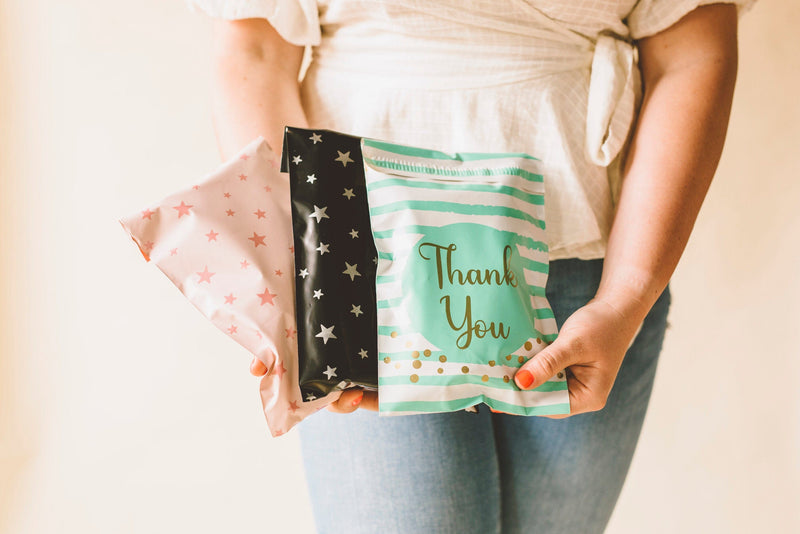 Inspired Mailers Flat Poly Mailers Aqua Blue Thank You Confetti Stripes - 10x13