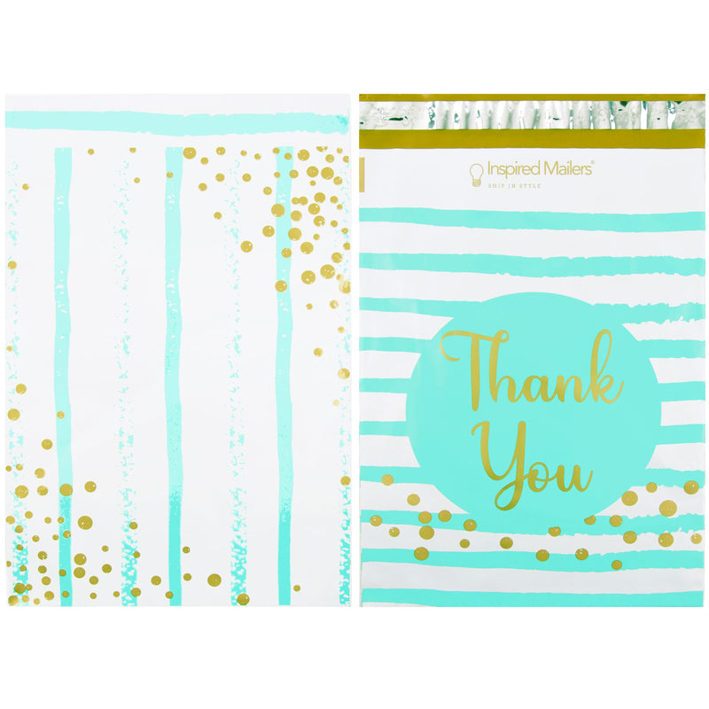 Inspired Mailers Flat Poly Mailers Aqua Blue Thank You Confetti Stripes - 10x13