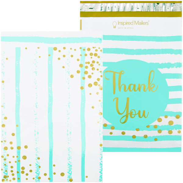 Inspired Mailers Flat Poly Mailers Aqua Blue Thank You Confetti Stripes - 10x13