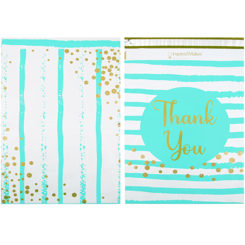 Inspired Mailers Flat Poly Mailers Aqua Blue Thank You Confetti Stripes - 14.5x19