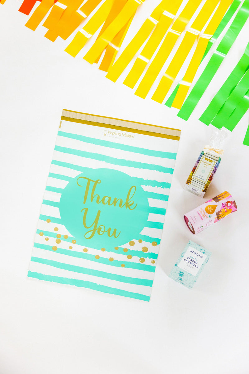Inspired Mailers Flat Poly Mailers Aqua Blue Thank You Confetti Stripes - 14.5x19