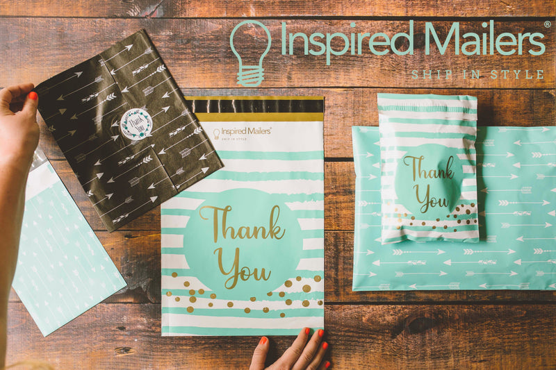 Inspired Mailers Flat Poly Mailers Aqua Blue Thank You Confetti Stripes - 14.5x19