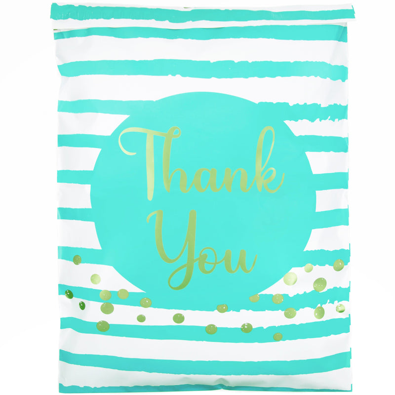 Inspired Mailers Flat Poly Mailers Aqua Blue Thank You Confetti Stripes - 14.5x19