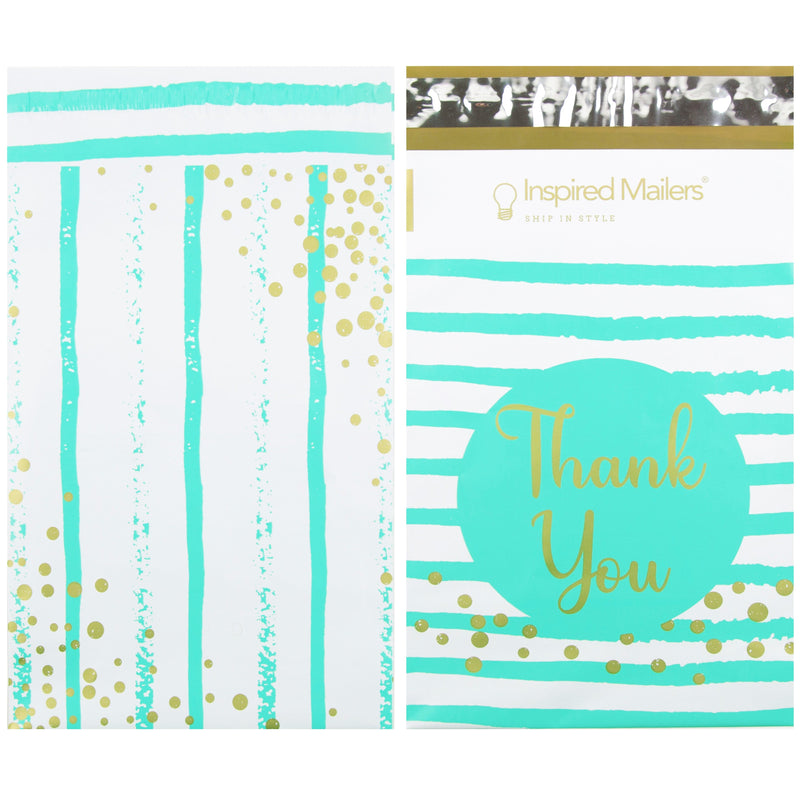 Inspired Mailers Flat Poly Mailers Aqua Blue Thank You Confetti Stripes - 6x9