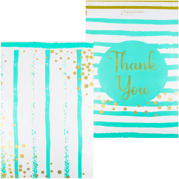 Inspired Mailers Flat Poly Mailers Aqua/Gold Thank You Confetti Stripes - 16x22