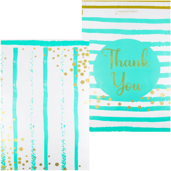 Inspired Mailers Flat Poly Mailers Aqua/Gold Thank You Confetti Stripes - 16x22