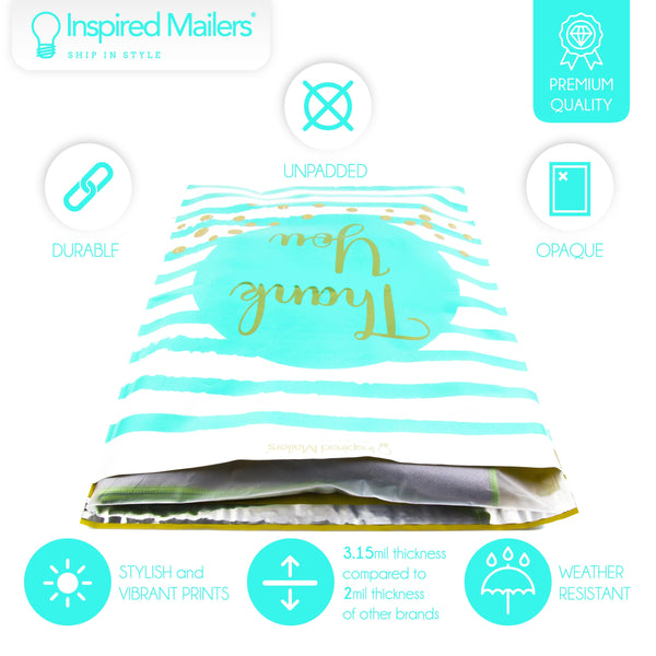 Inspired Mailers Flat Poly Mailers Aqua/Gold Thank You Confetti Stripes - 16x22