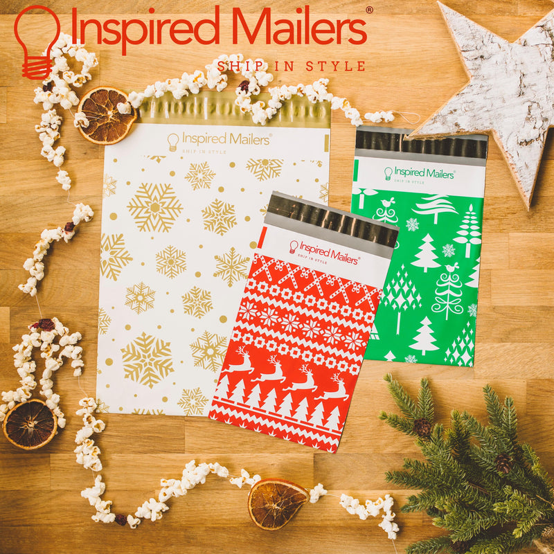 Inspired Mailers Flat Poly Mailers Gold and White Snowflakes - 14.5x19