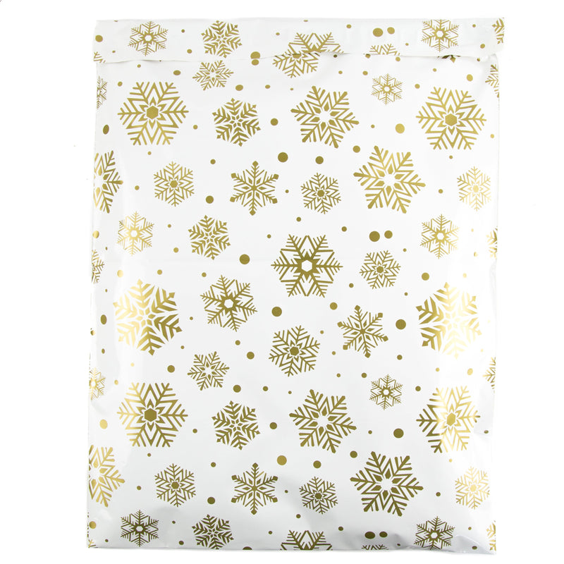 Inspired Mailers Flat Poly Mailers Gold and White Snowflakes - 14.5x19