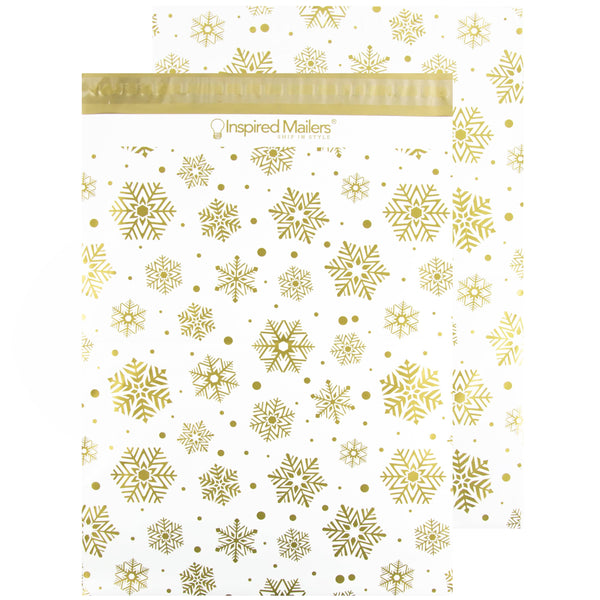 Inspired Mailers Flat Poly Mailers Gold and White Snowflakes - 14.5x19