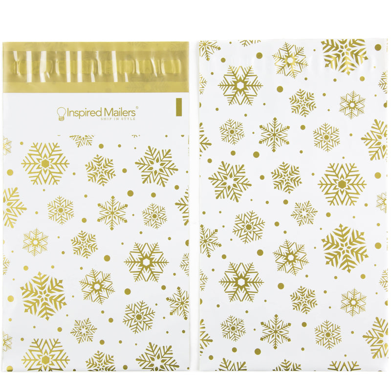 Inspired Mailers Flat Poly Mailers Gold and White Snowflakes - 6x9