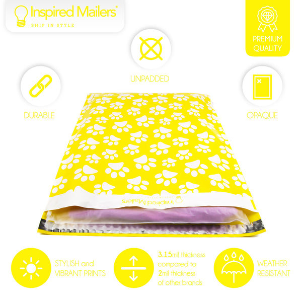 Inspired Mailers Flat Poly Mailers Yellow Paw Prints - 14.5x19